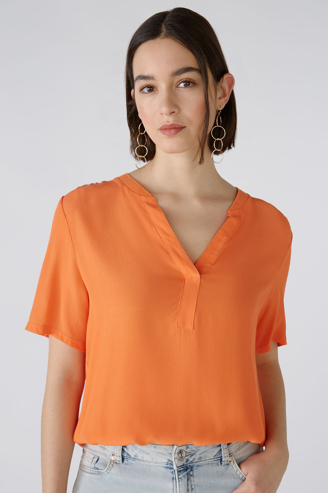 Oui 87502 Vermillion Orange Split Neck Short Sleeve Top - Olivia Grace Fashion