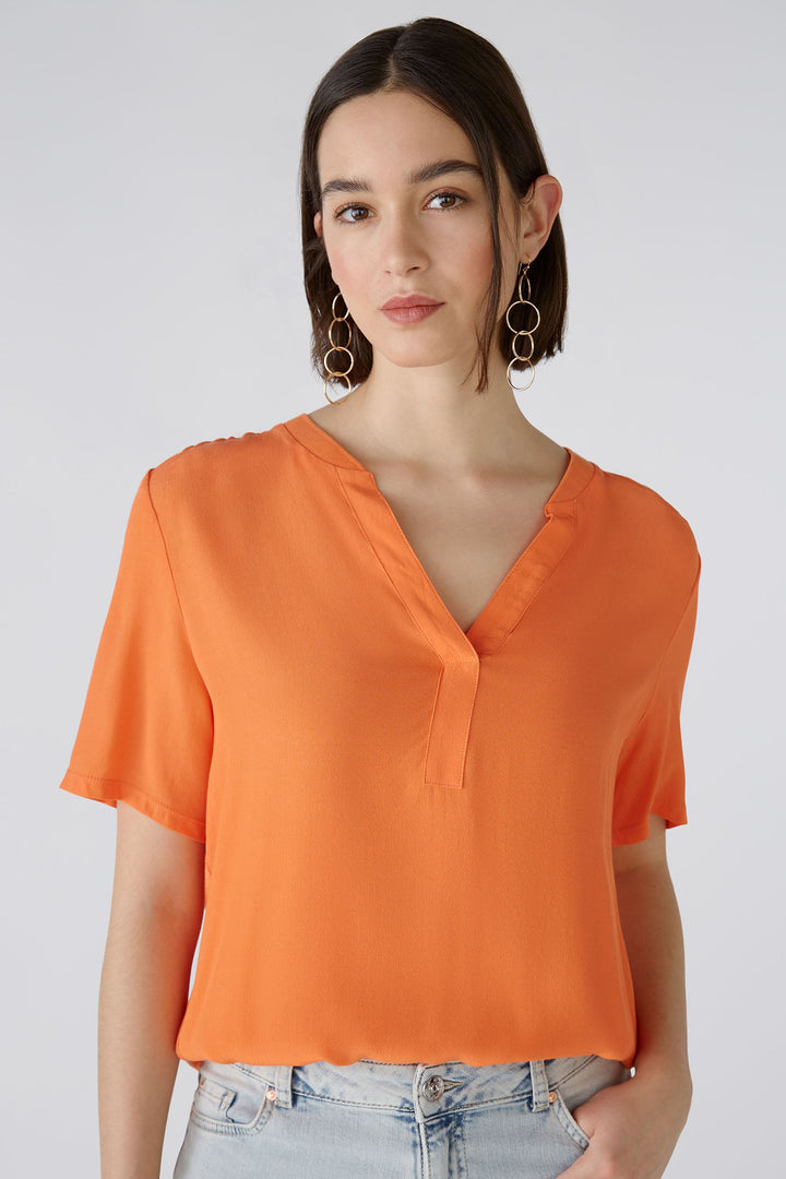 Oui 87502 Vermillion Orange Split Neck Short Sleeve Top - Olivia Grace Fashion