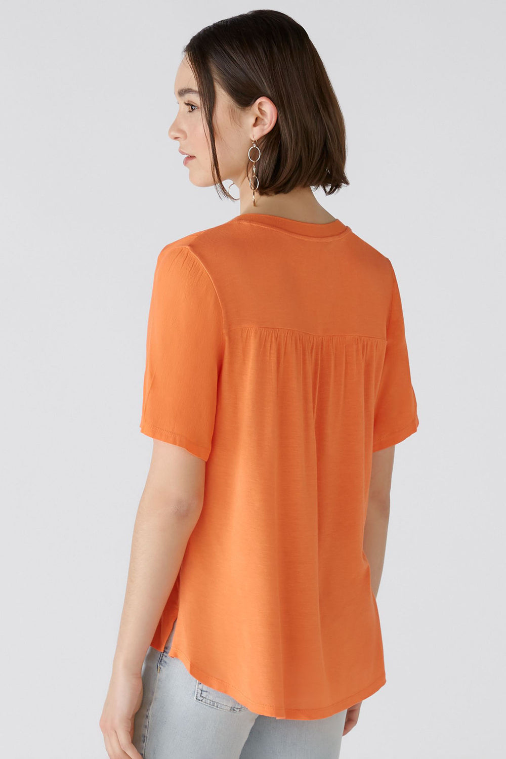 Oui 87502 Vermillion Orange Split Neck Short Sleeve Top - Olivia Grace Fashion