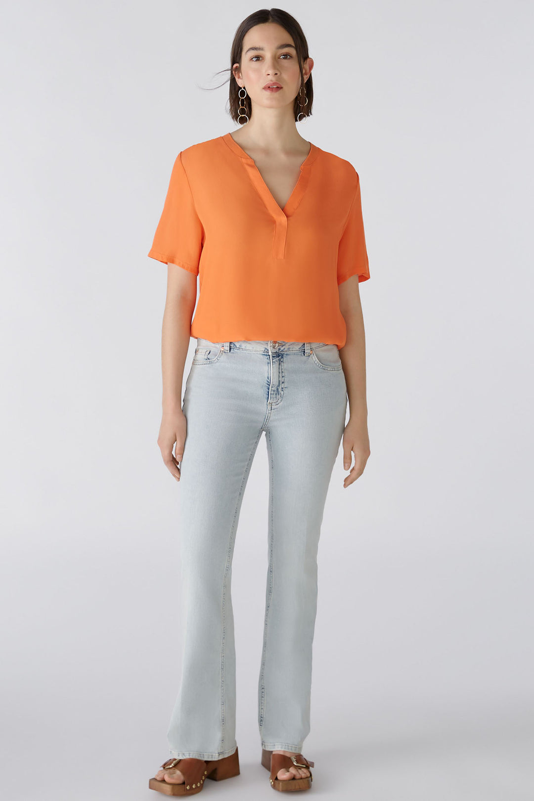 Oui 87502 Vermillion Orange Split Neck Short Sleeve Top - Olivia Grace Fashion