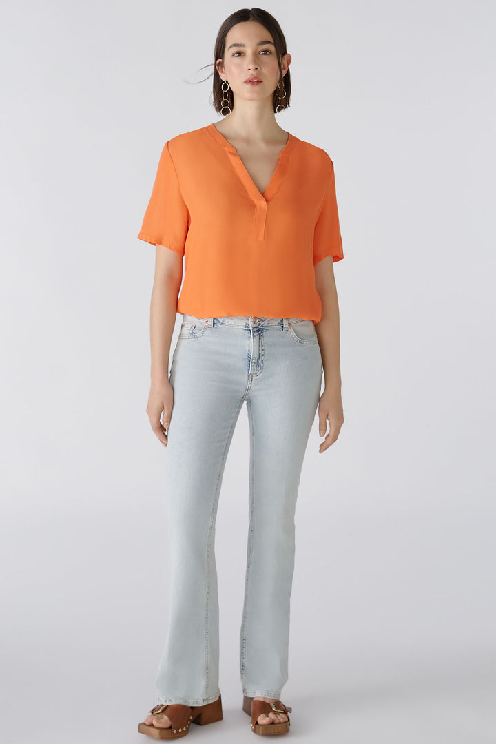 Oui 87502 Vermillion Orange Split Neck Short Sleeve Top - Olivia Grace Fashion