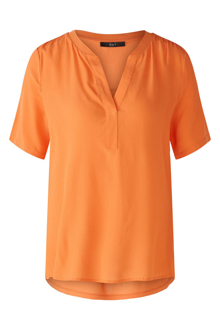 Oui 87502 Vermillion Orange Split Neck Short Sleeve Top - Olivia Grace Fashion