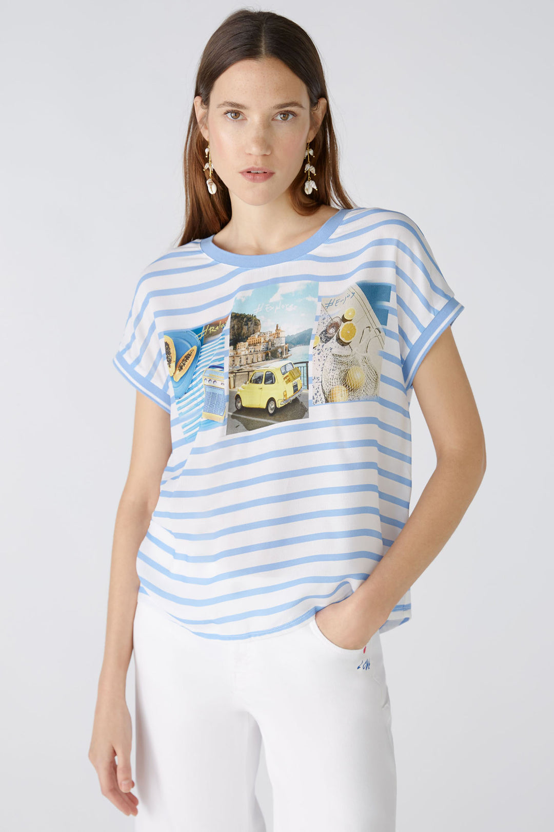 Oui 87504 Blue Offwhite Stripe Summer Roadtrip Print Top - Olivia Grace Fashion