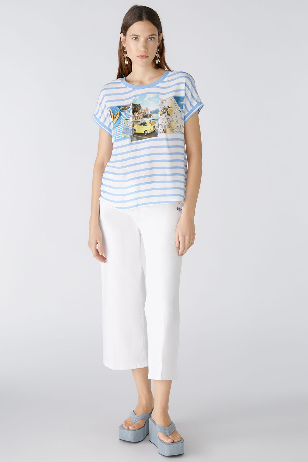 Oui 87504 Blue Offwhite Stripe Summer Roadtrip Print Top - Olivia Grace Fashion