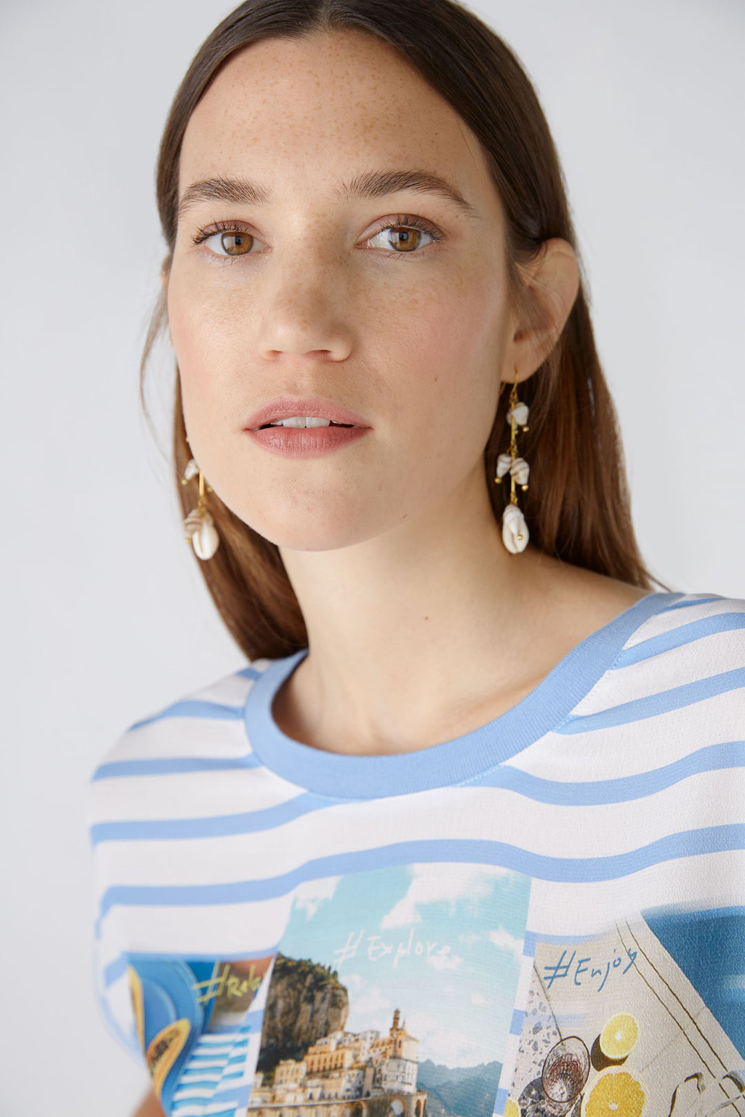 Oui 87504 Blue Offwhite Stripe Summer Roadtrip Print Top - Olivia Grace Fashion