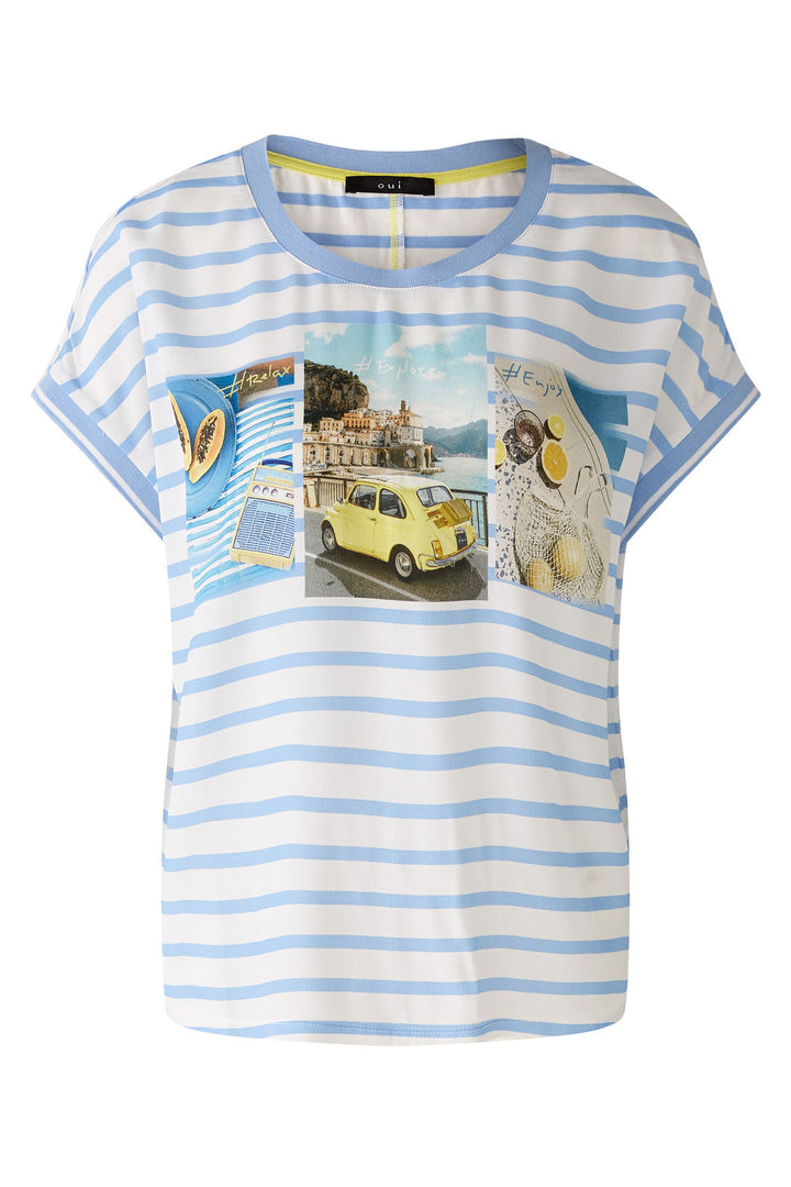 Oui 87504 Blue Offwhite Stripe Summer Roadtrip Print Top - Olivia Grace Fashion