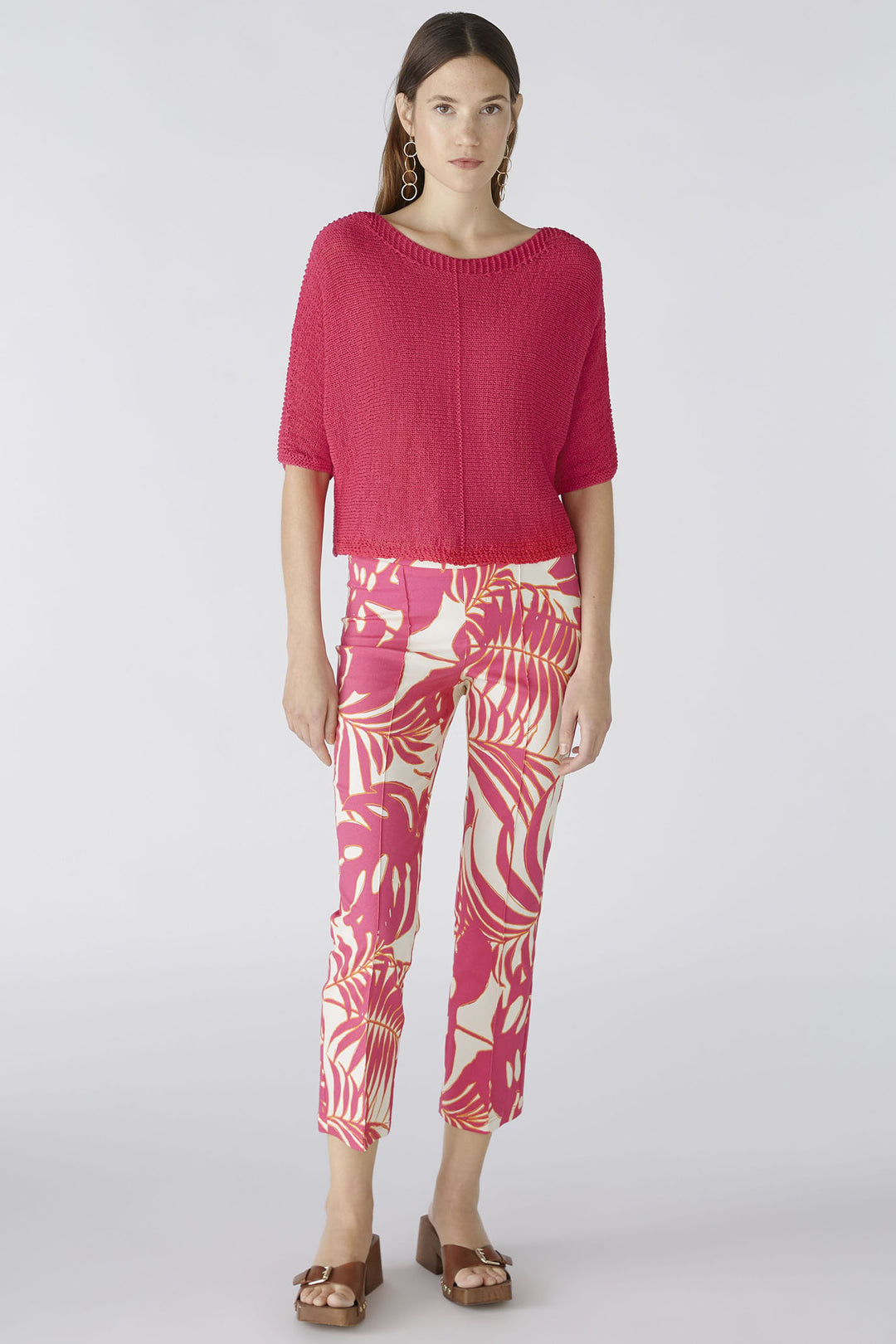 Oui 87578 Pink White Palm Print Pull-On Trousers - Olivia Grace Fashion