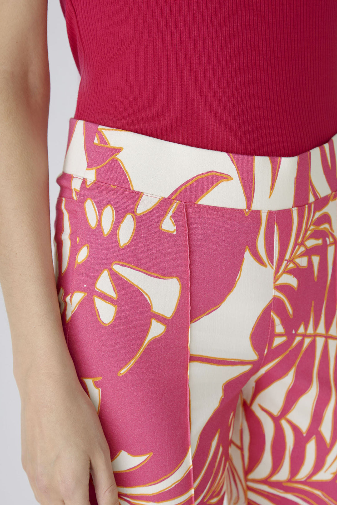 Oui 87578 Pink White Palm Print Pull-On Trousers - Olivia Grace Fashion