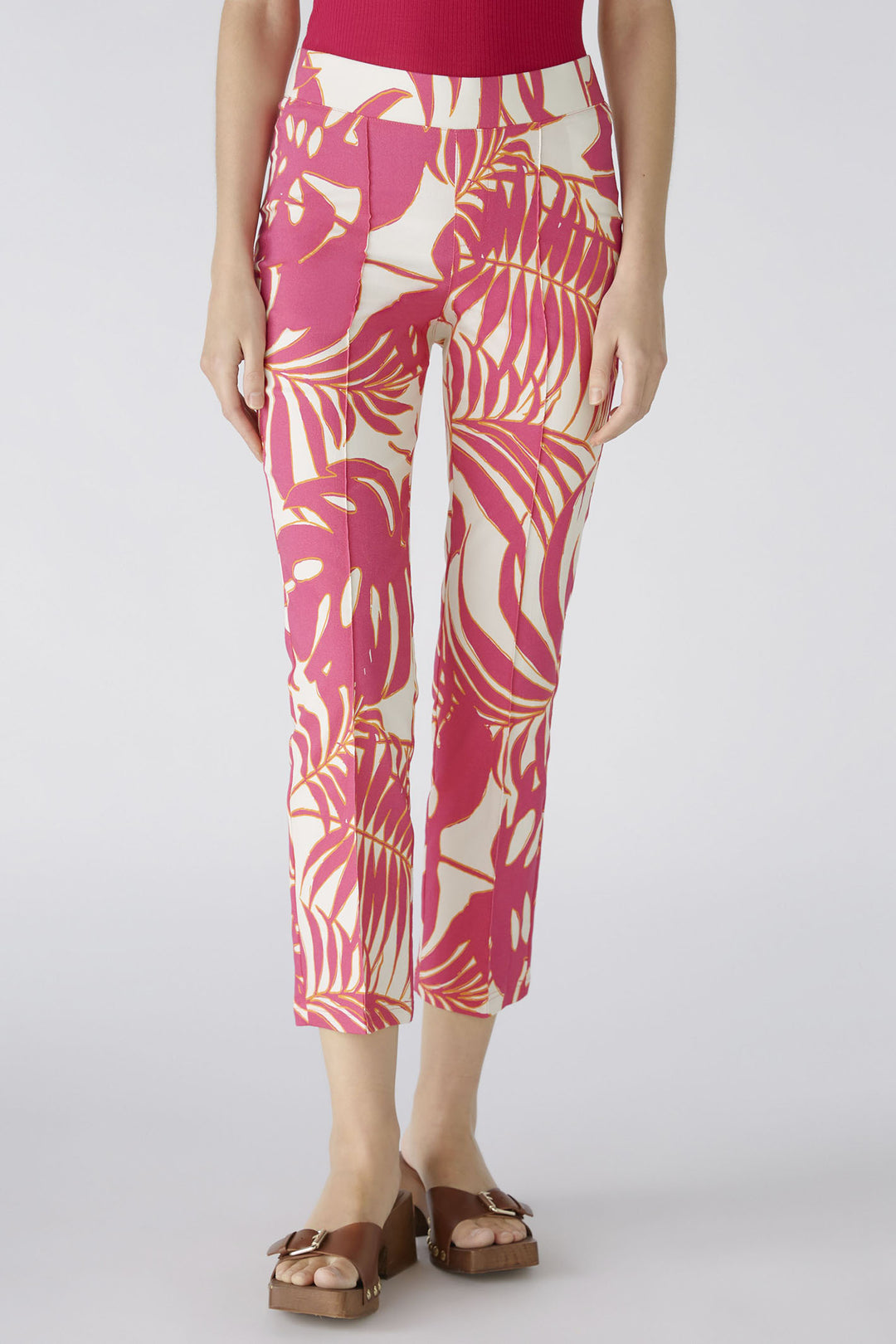 Oui 87578 Pink White Palm Print Pull-On Trousers - Olivia Grace Fashion