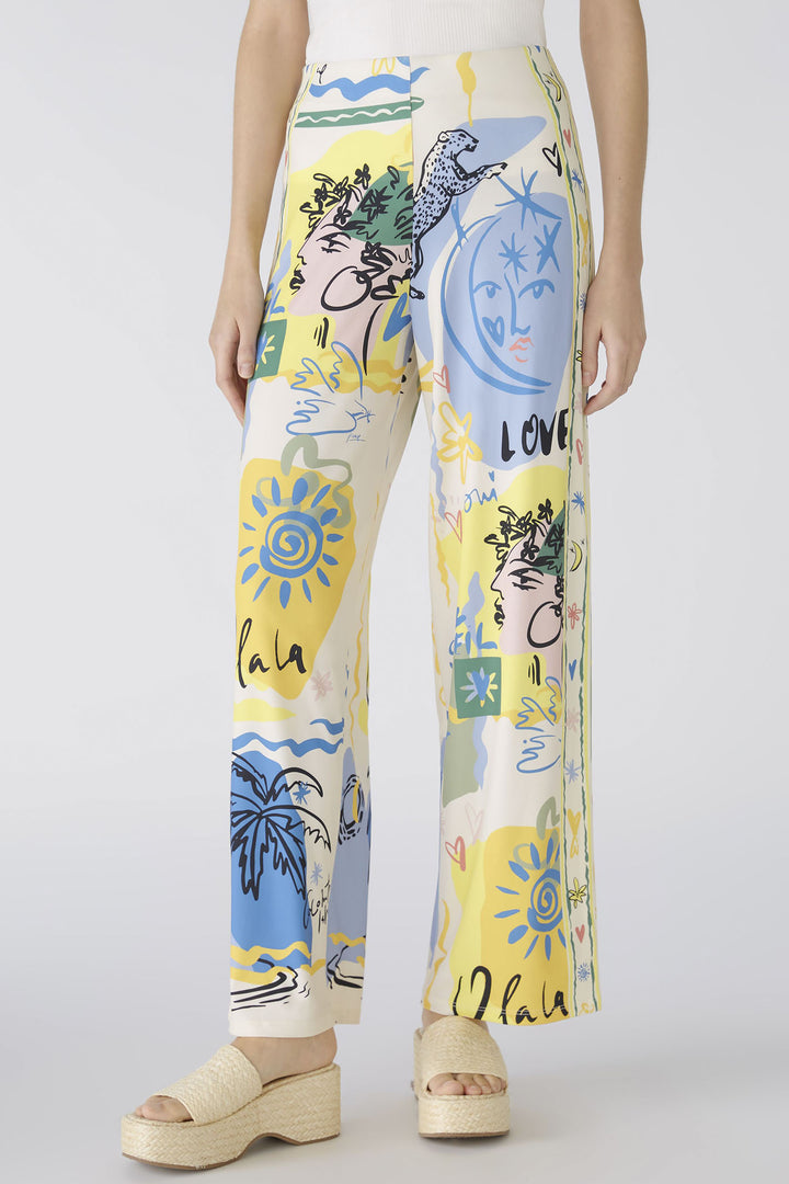Oui 87582 Yellow Blue Marlene Summer Love Print Pull-On Trousers - Olivia Grace Fashion
