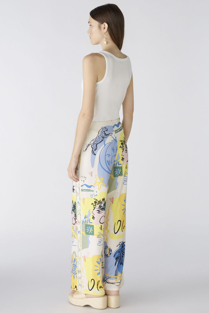Oui 87582 Yellow Blue Marlene Summer Love Print Pull-On Trousers - Olivia Grace Fashion