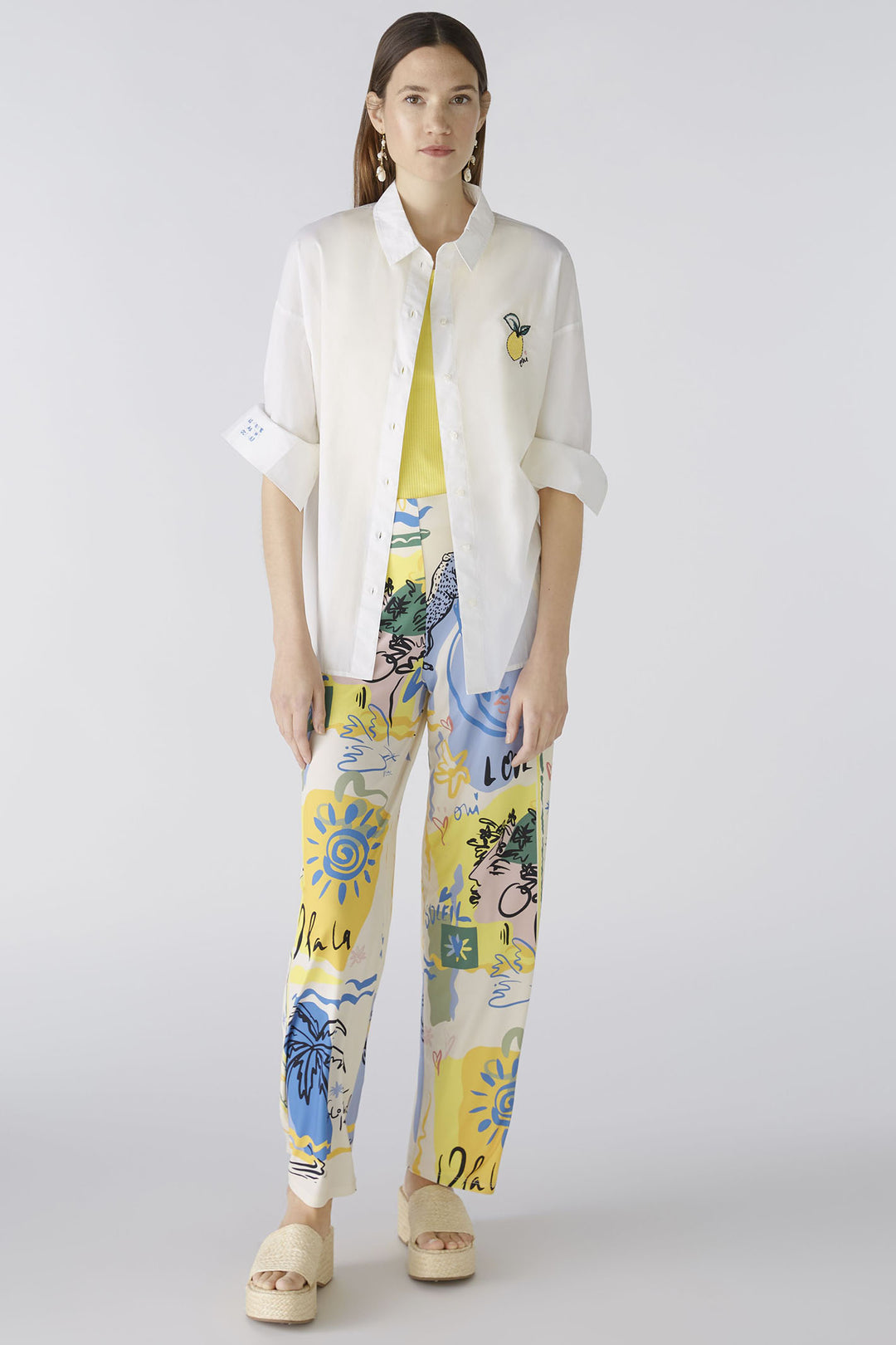 Oui 87582 Yellow Blue Marlene Summer Love Print Pull-On Trousers - Olivia Grace Fashion