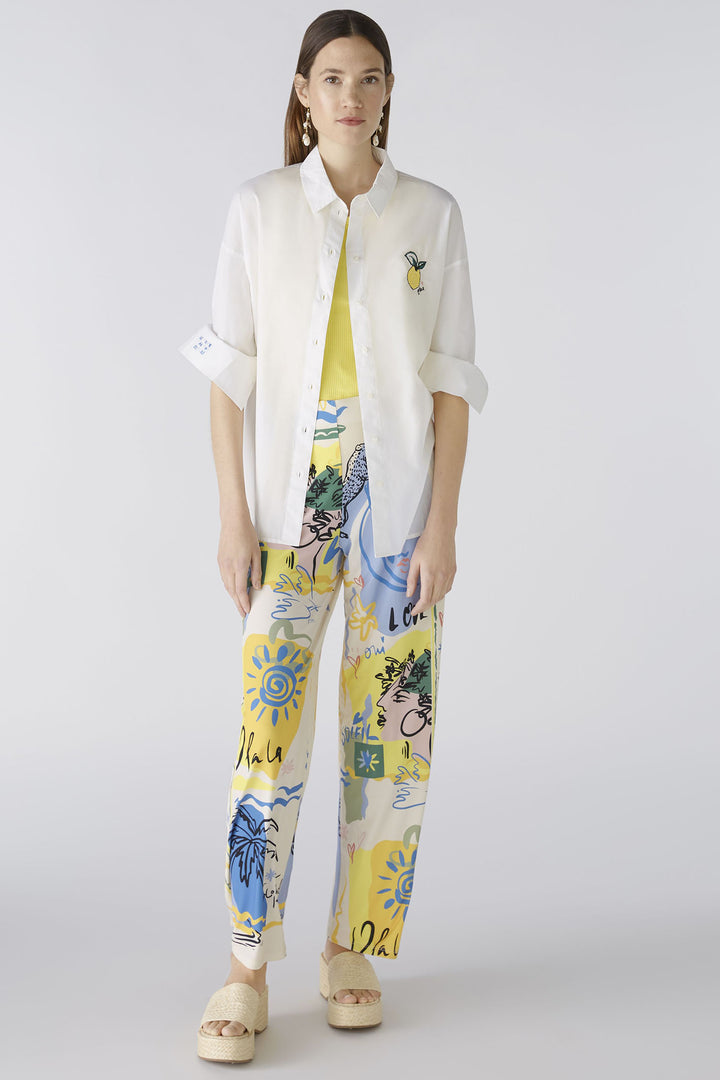 Oui 87582 Yellow Blue Marlene Summer Love Print Pull-On Trousers - Olivia Grace Fashion