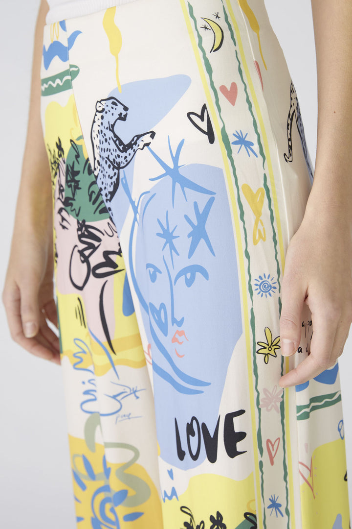Oui 87582 Yellow Blue Marlene Summer Love Print Pull-On Trousers - Olivia Grace Fashion