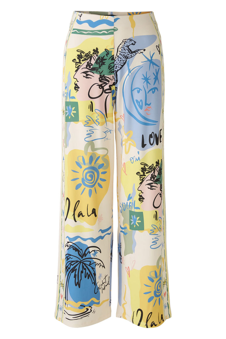 Oui 87582 Yellow Blue Marlene Summer Love Print Pull-On Trousers - Olivia Grace Fashion