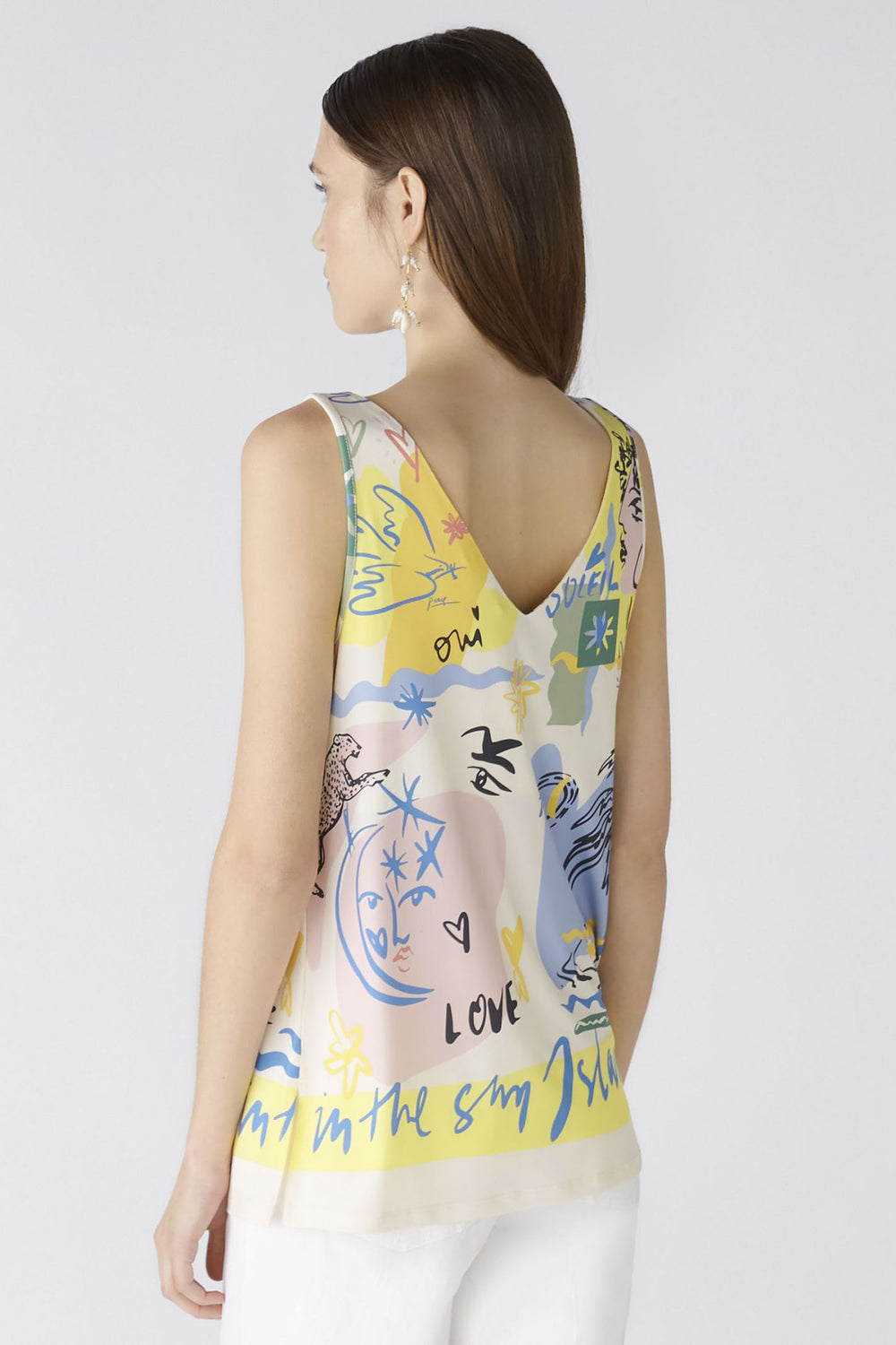 Oui 88013 Yellow Blue Summer Love Print Sleeveless Vest Top - Olivia Grace Fashion