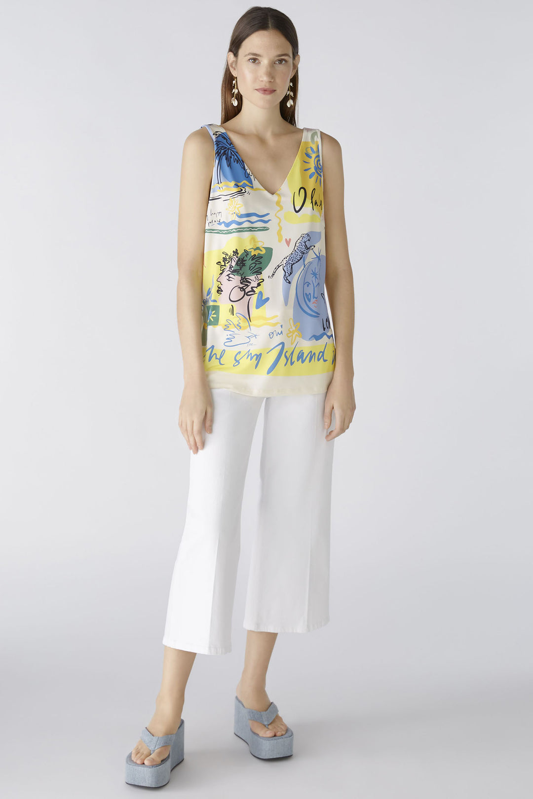 Oui 88013 Yellow Blue Summer Love Print Sleeveless Vest Top - Olivia Grace Fashion