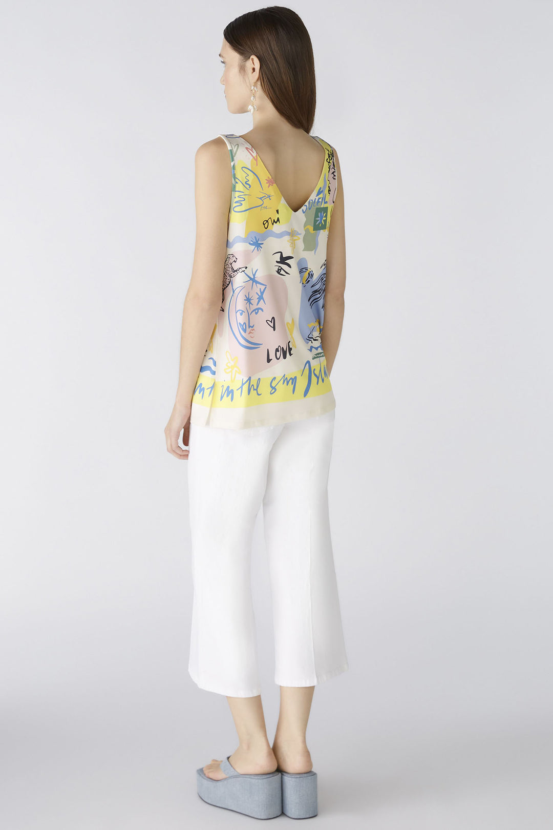 Oui 88013 Yellow Blue Summer Love Print Sleeveless Vest Top - Olivia Grace Fashion