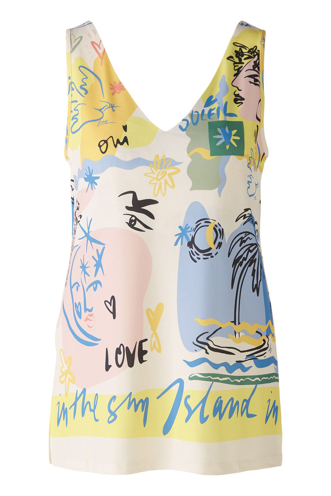 Oui 88013 Yellow Blue Summer Love Print Sleeveless Vest Top - Olivia Grace Fashion