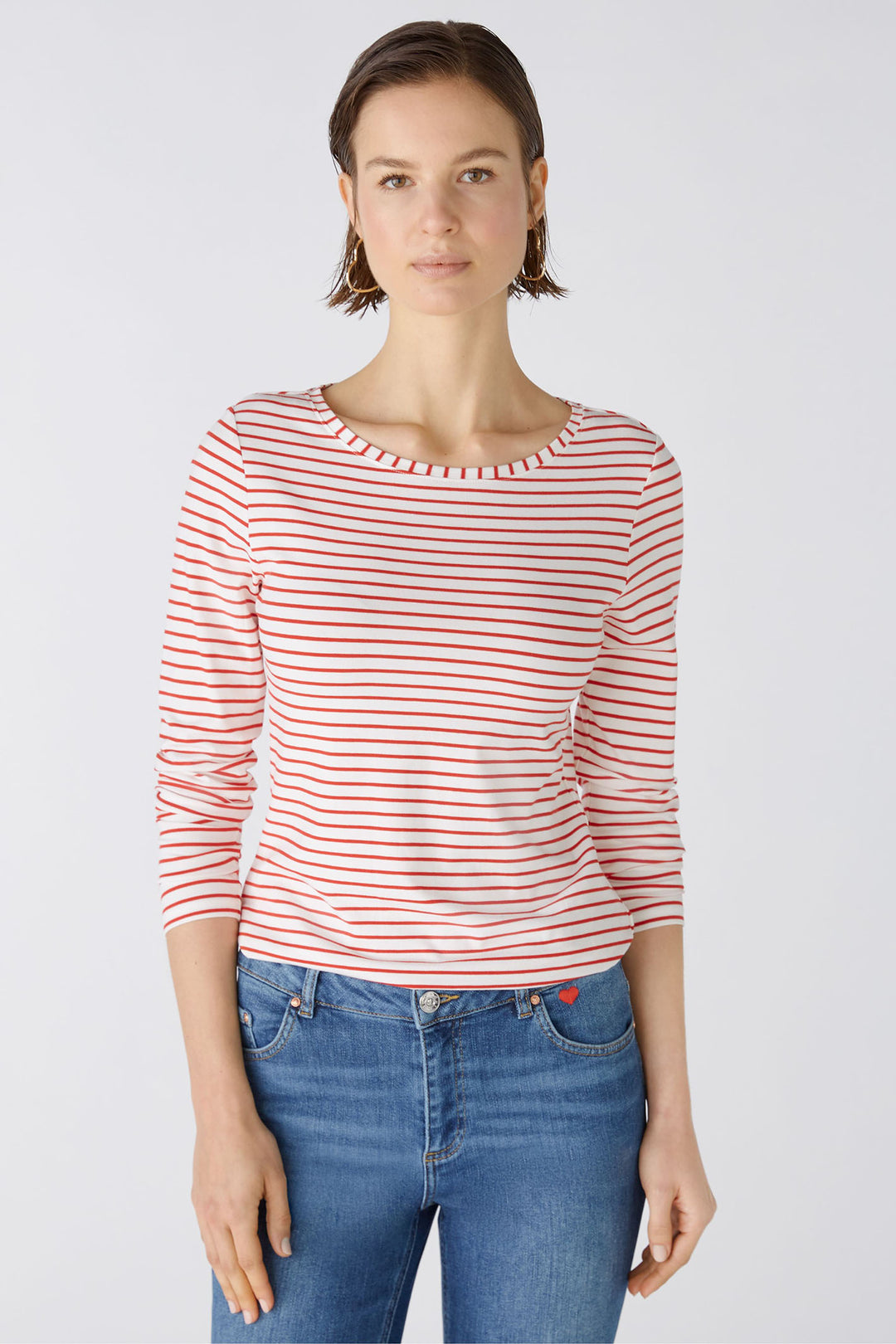 Oui 88220 White Red Sumiko Striped Long Sleeve Top - Olivia Grace Fashion