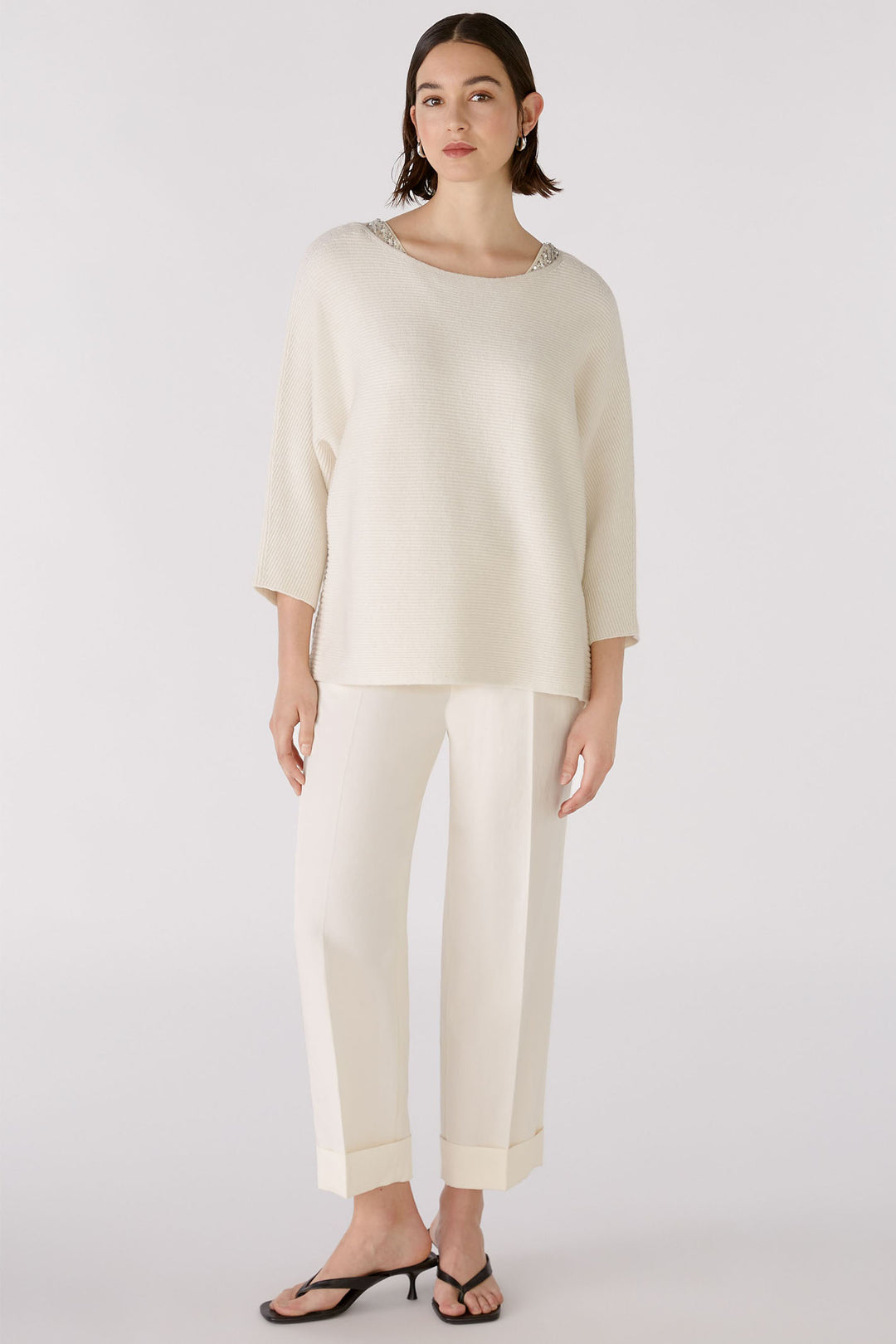 Oui 88240 Off White Wide Sequin Neck Jumper - Olivia Grace Fashion