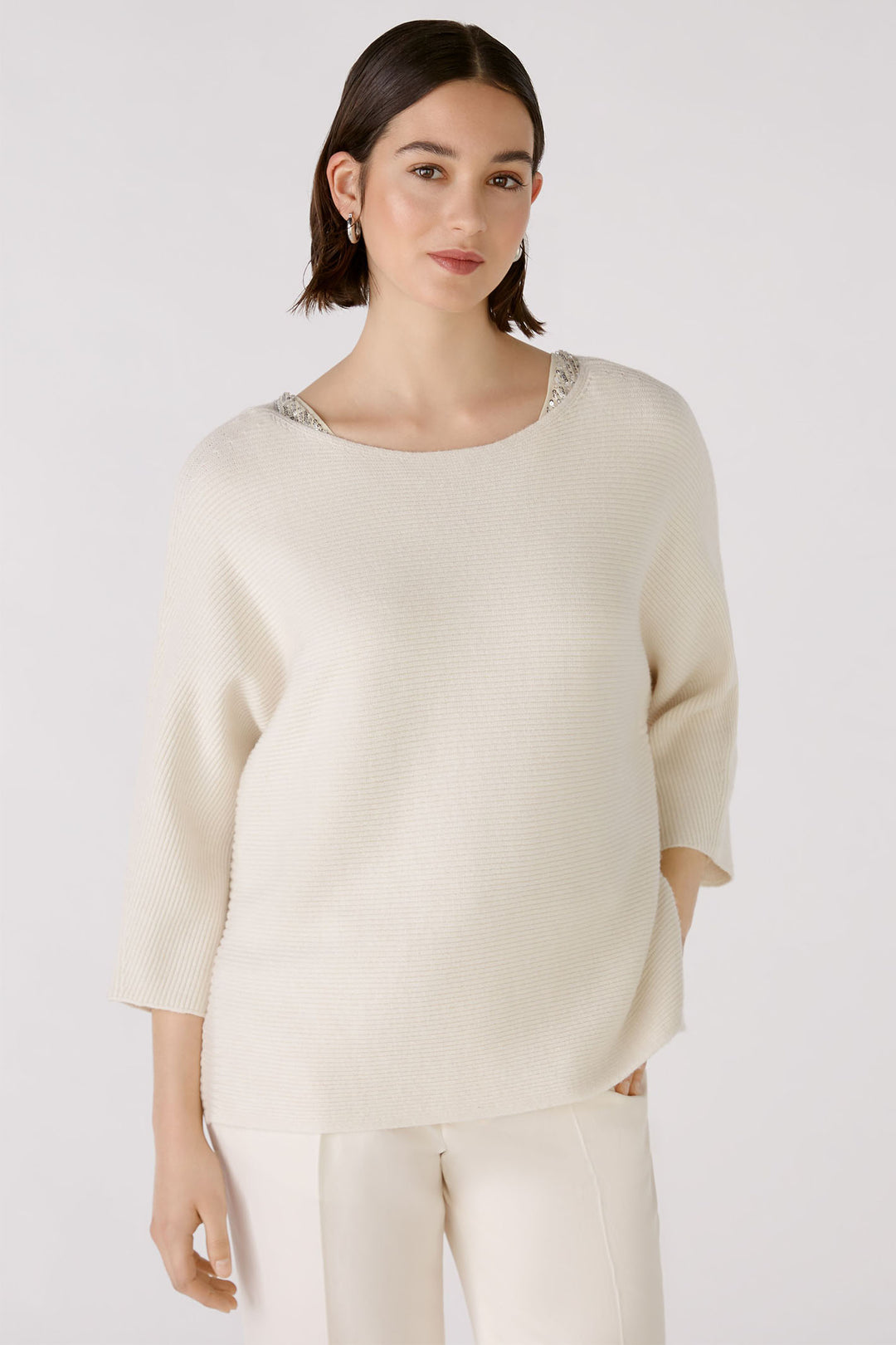 Oui 88240 Off White Wide Sequin Neck Jumper - Olivia Grace Fashion