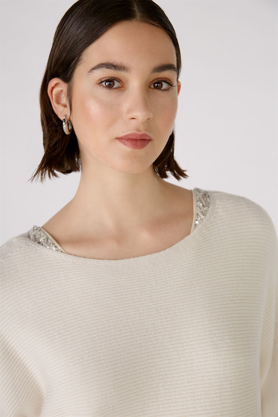 Oui 88240 Off White Wide Sequin Neck Jumper - Olivia Grace Fashion