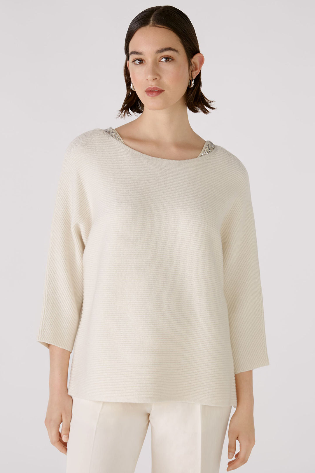 Oui 88240 Off White Wide Sequin Neck Jumper - Olivia Grace Fashion