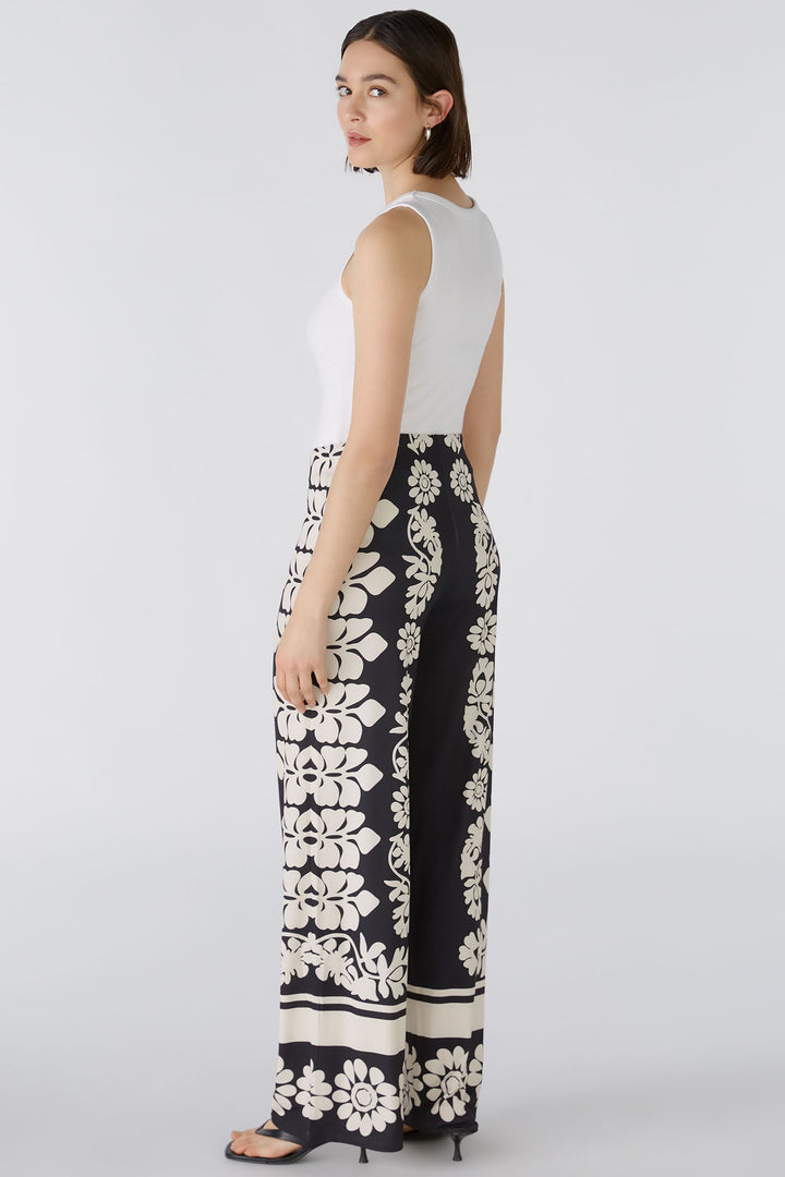 Oui 88258 Black Camel Marlene Block Flower Print Pull-On Trousers - Olivia Grace Fashion