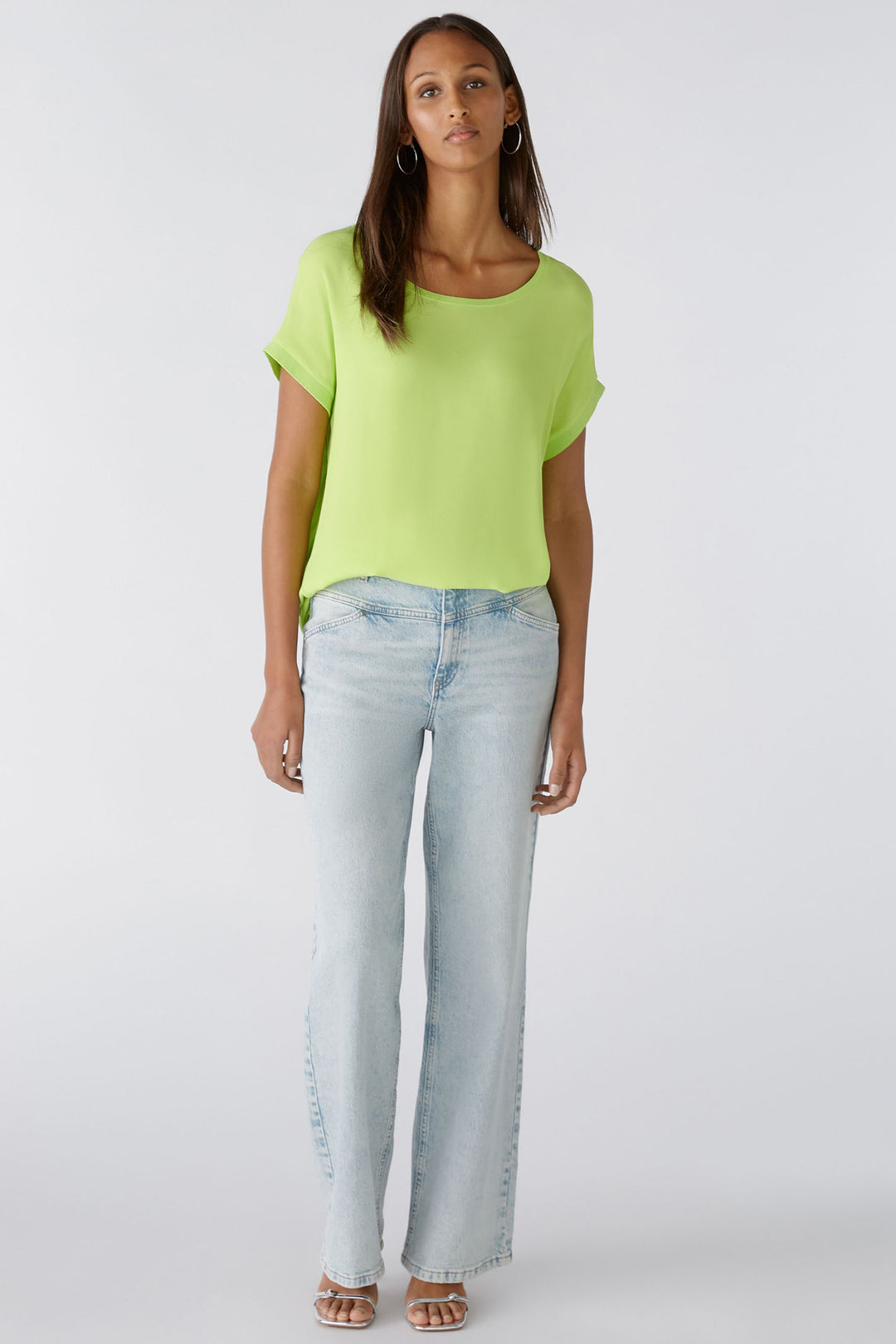 Oui 88335 Ayano Tender Shoot Green Short Sleeve Wide Neck Top - Olivia Grace Fashion