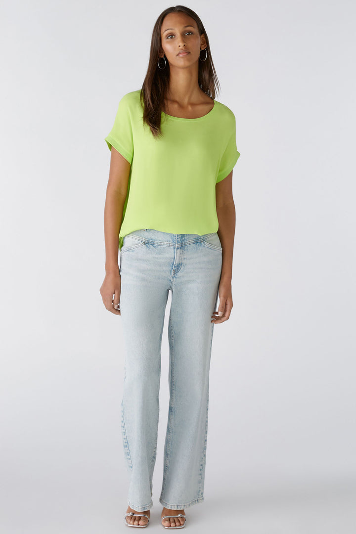 Oui 88335 Ayano Tender Shoot Green Short Sleeve Wide Neck Top - Olivia Grace Fashion