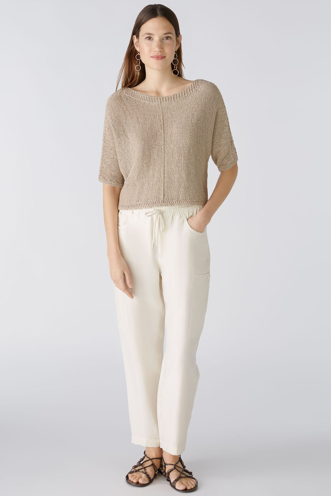 Oui 88388 Almond Milk Cream Drawstring Waist Trousers - Olivia Grace Fashion