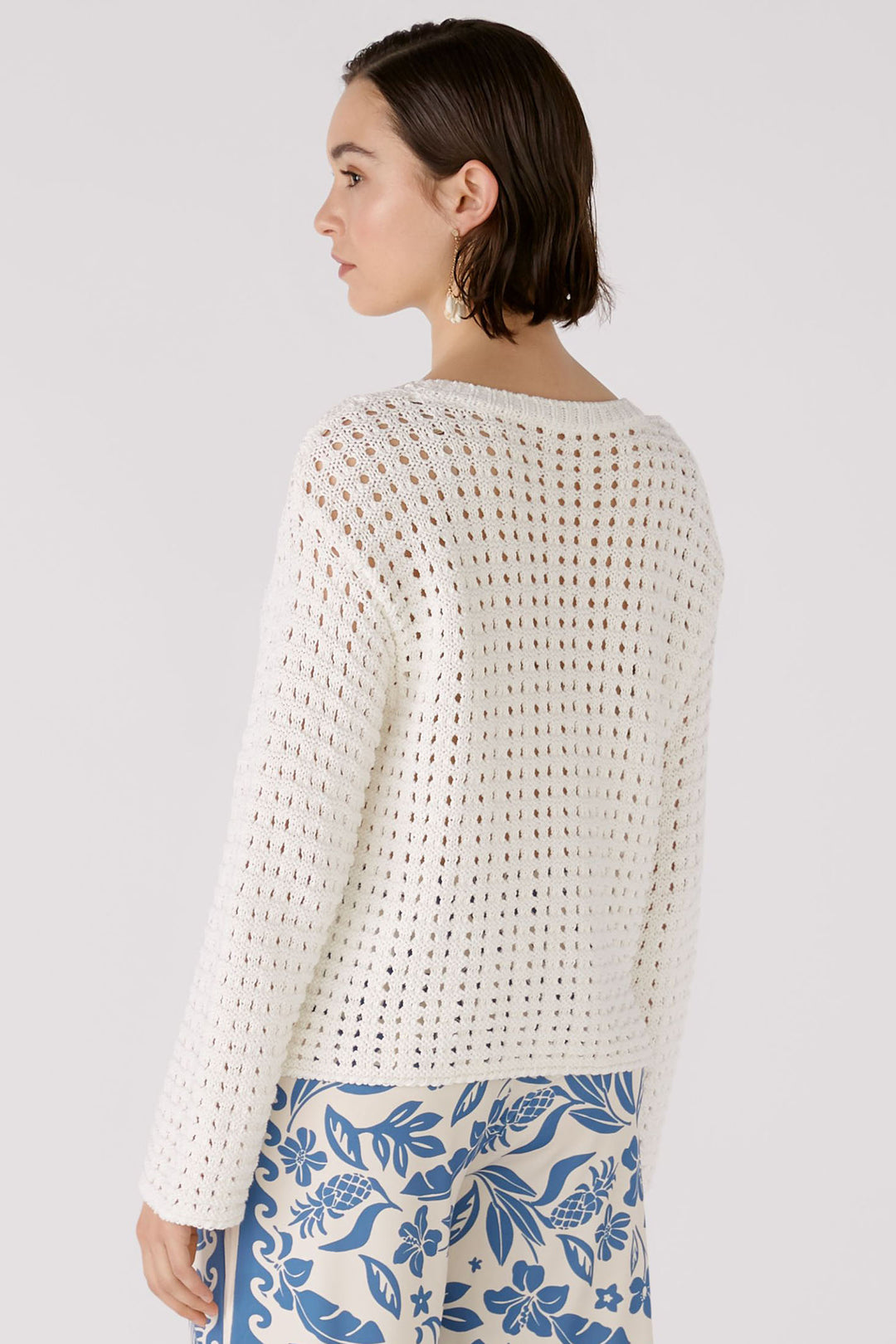 Oui 88491 Cloud Dancer White Crochet Style Wide Neck Jumper - Olivia Grace Fashion