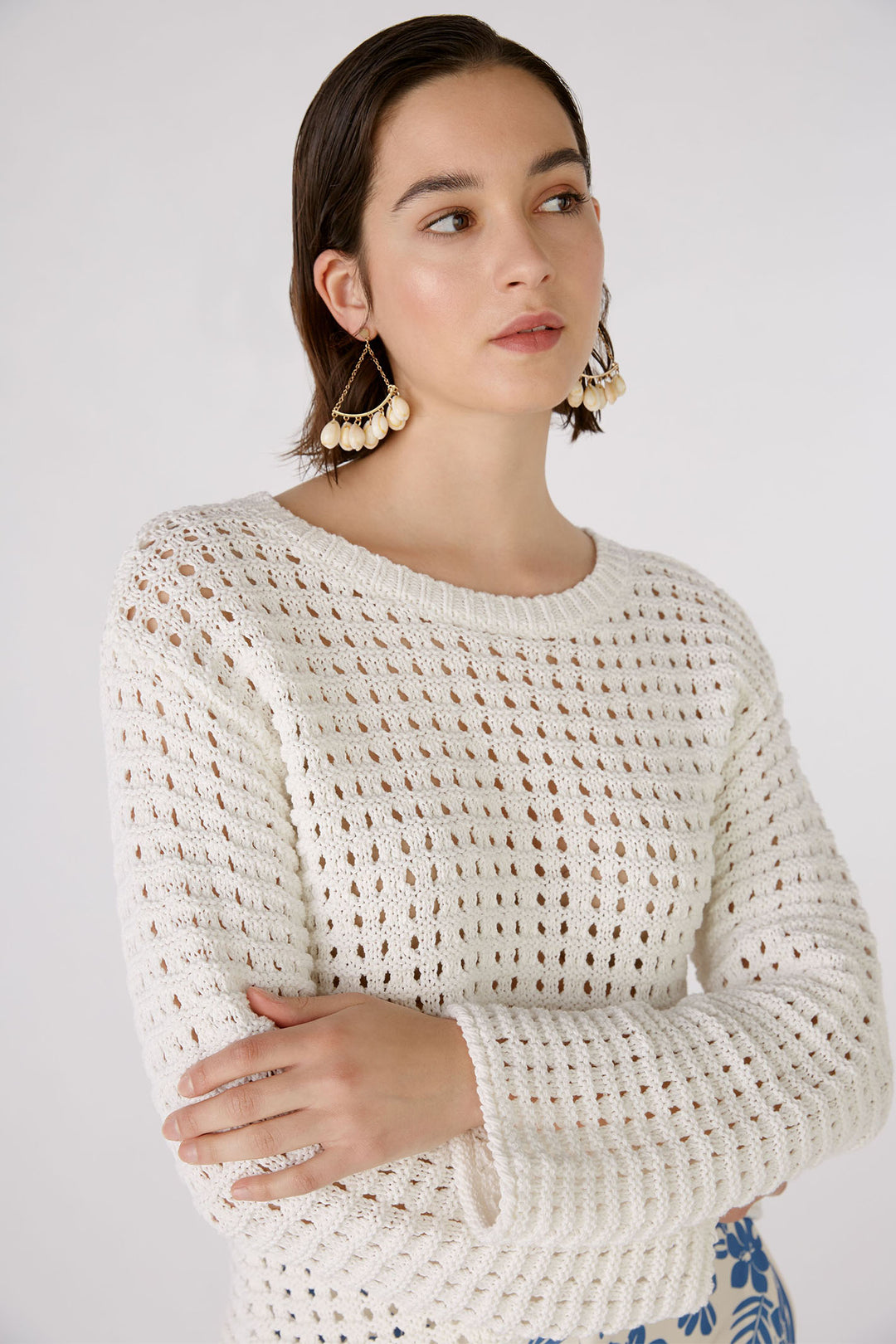 Oui 88491 Cloud Dancer White Crochet Style Wide Neck Jumper - Olivia Grace Fashion