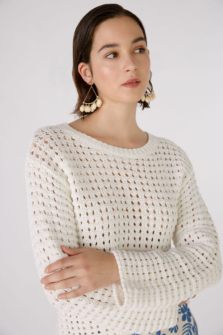 Oui 88491 Cloud Dancer White Crochet Style Wide Neck Jumper - Olivia Grace Fashion