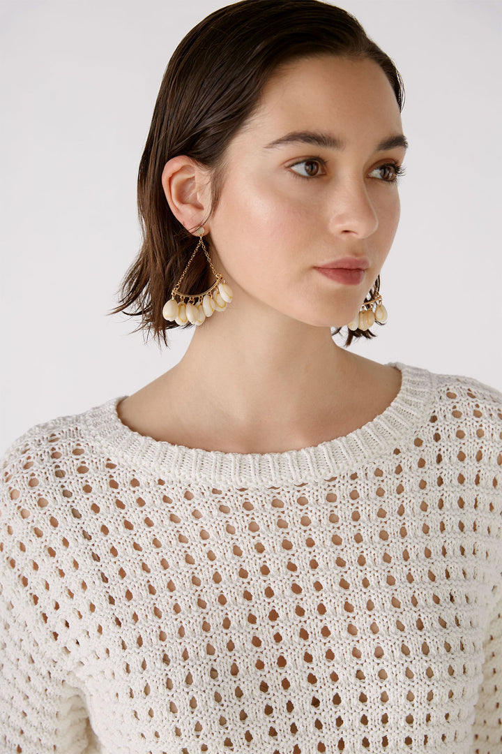 Oui 88491 Cloud Dancer White Crochet Style Wide Neck Jumper - Olivia Grace Fashion