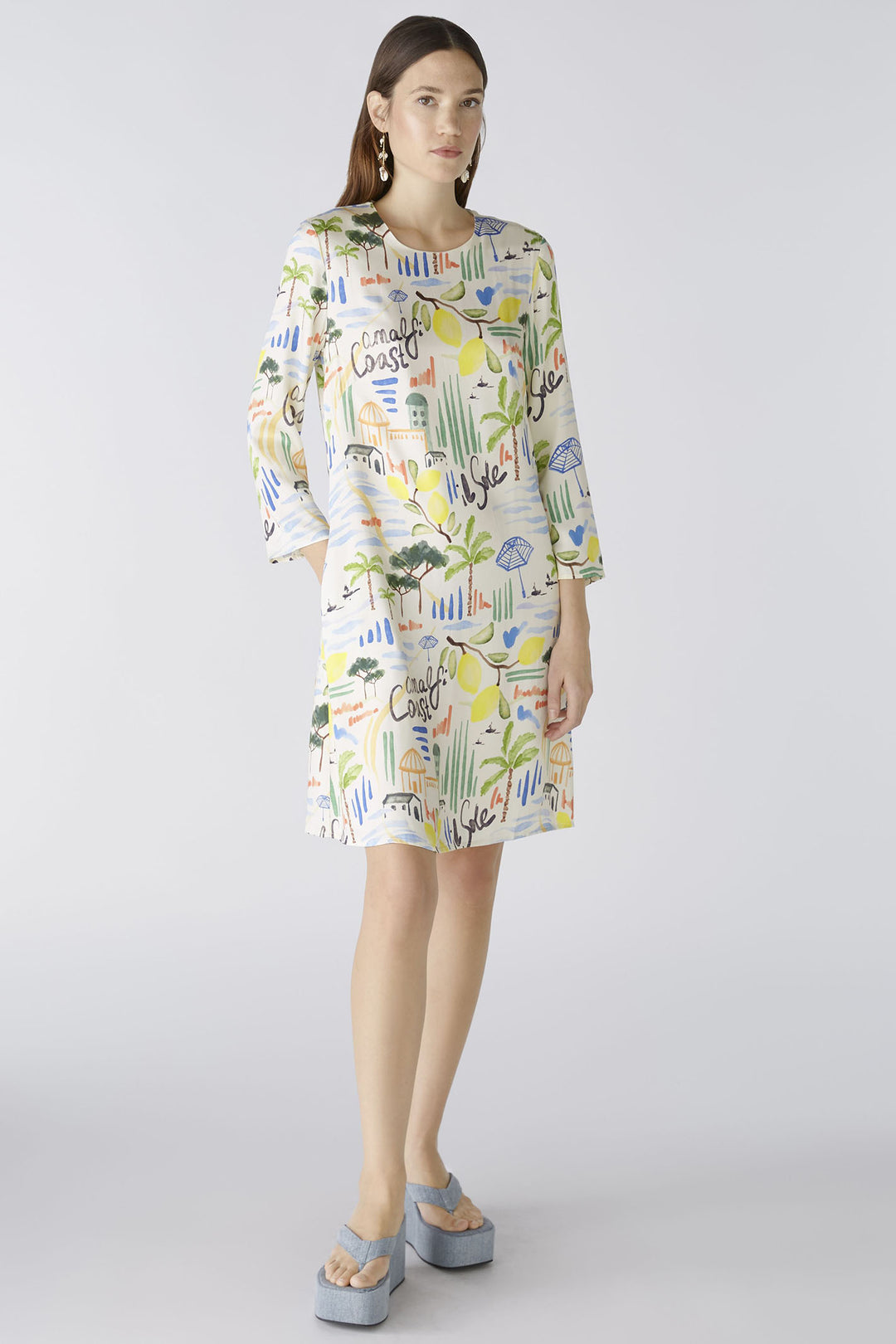 Oui 88617 White Blue Amalfi Coast Print Dress - Olivia Grace Fashion