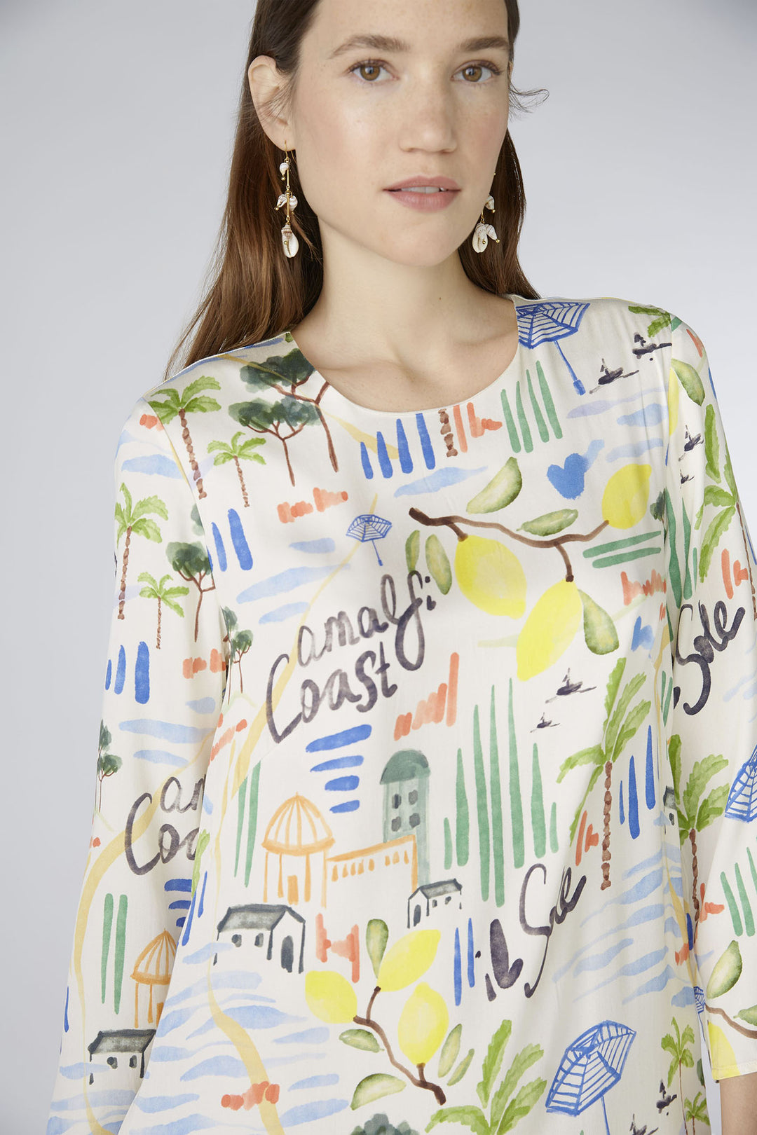 Oui 88617 White Blue Amalfi Coast Print Dress - Olivia Grace Fashion