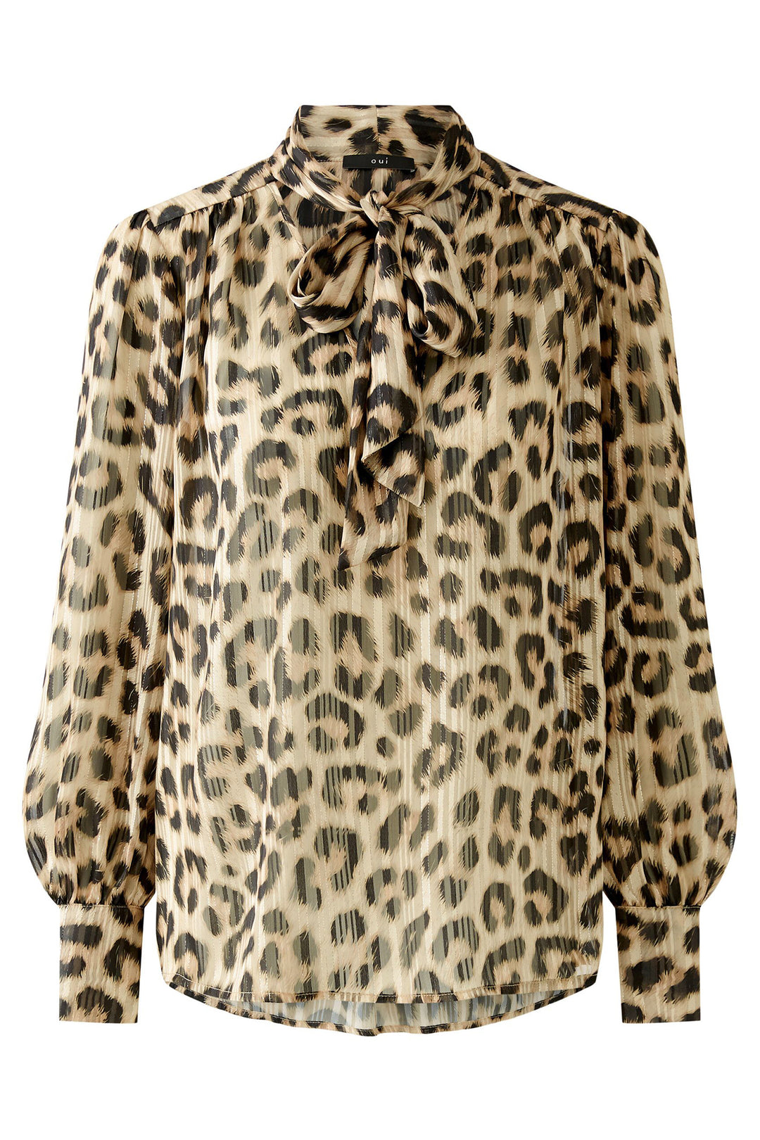 Oui 91896 Animal Print Tie Neck Blouse Beige - Olivia Grace Fashion