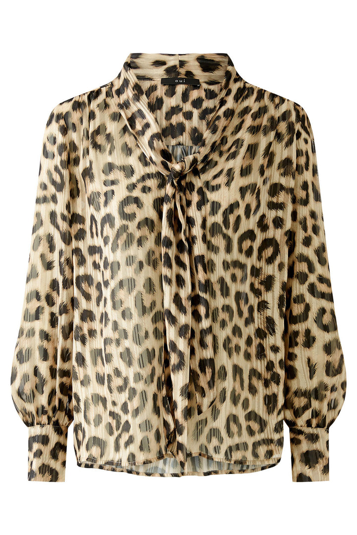Oui 91896 Animal Print Tie Neck Blouse Beige - Olivia Grace Fashion