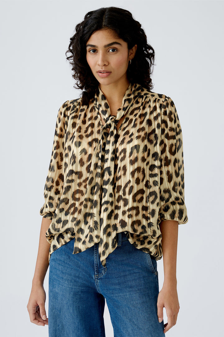 Oui 91896 Animal Print Tie Neck Blouse Beige - Olivia Grace Fashion