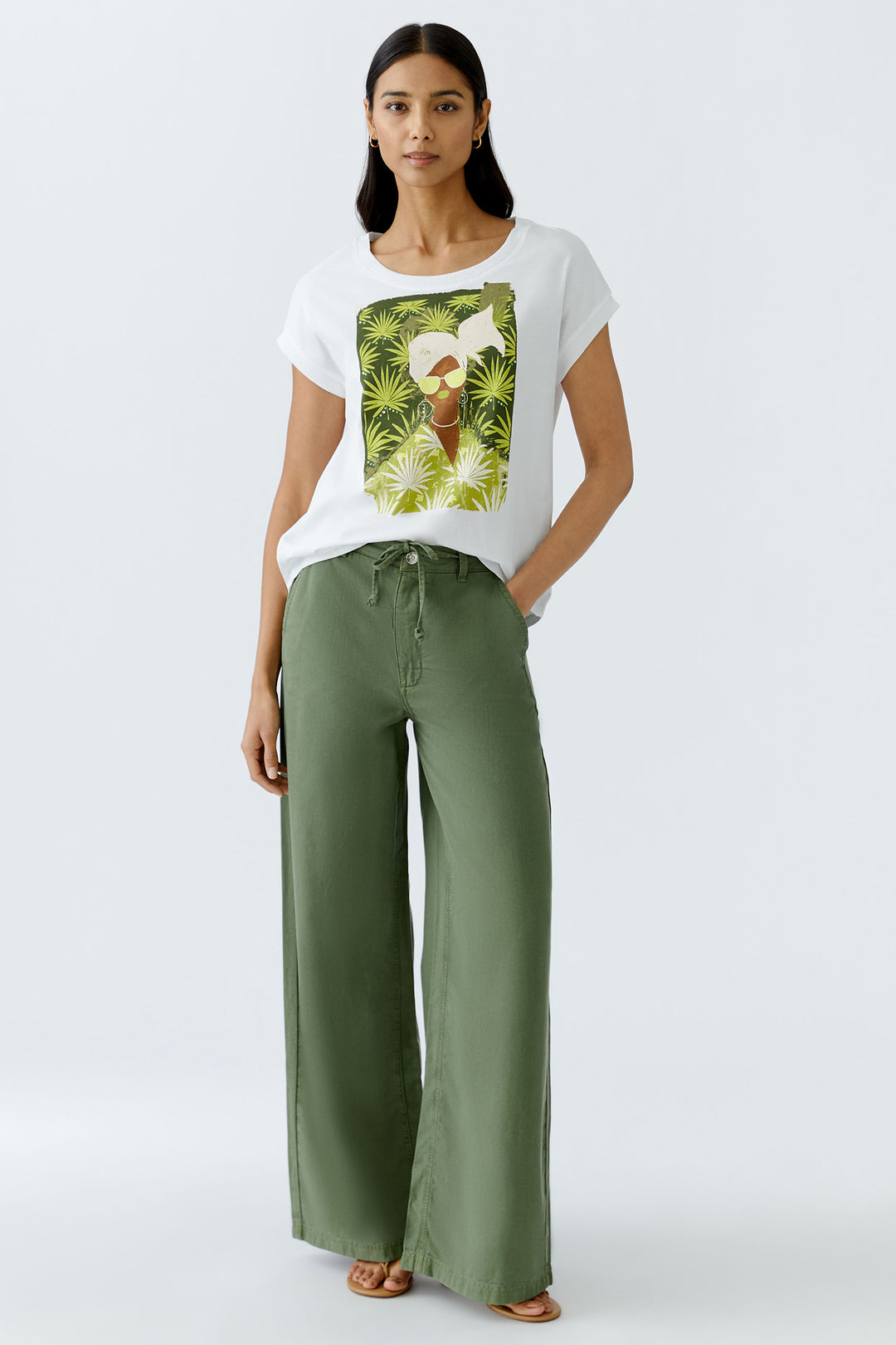 Oui 93271 White Tropical Palm Print T-Shirt - Olivia Grace Fashion