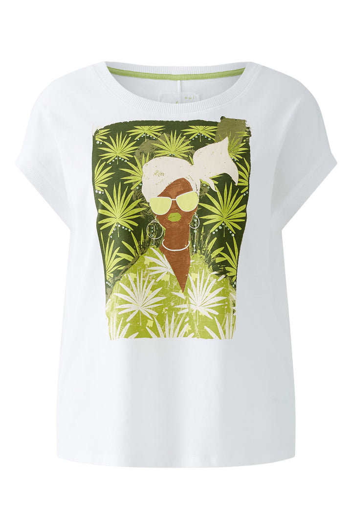 Oui 93271 White Tropical Palm Print T-Shirt - Olivia Grace Fashion