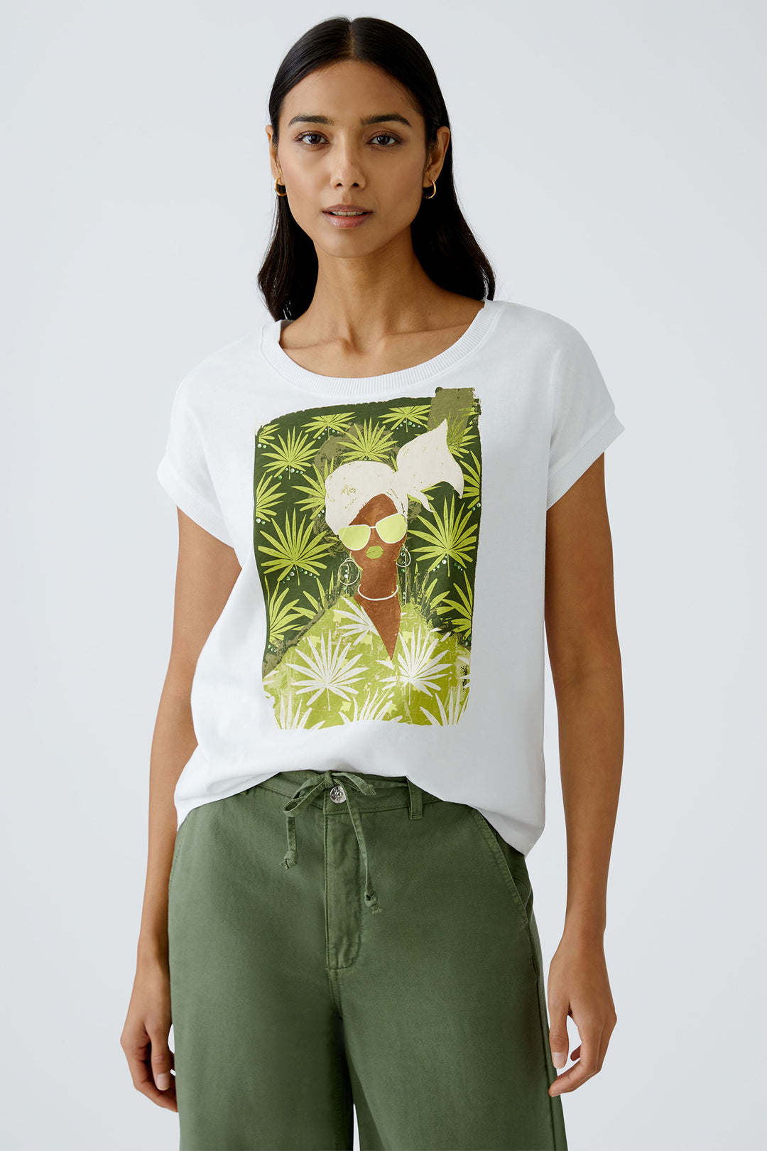 Oui 93271 White Tropical Palm Print T-Shirt - Olivia Grace Fashion
