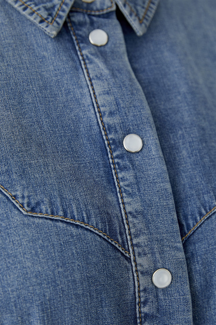 Close-up of a blue denim jacket with buttons