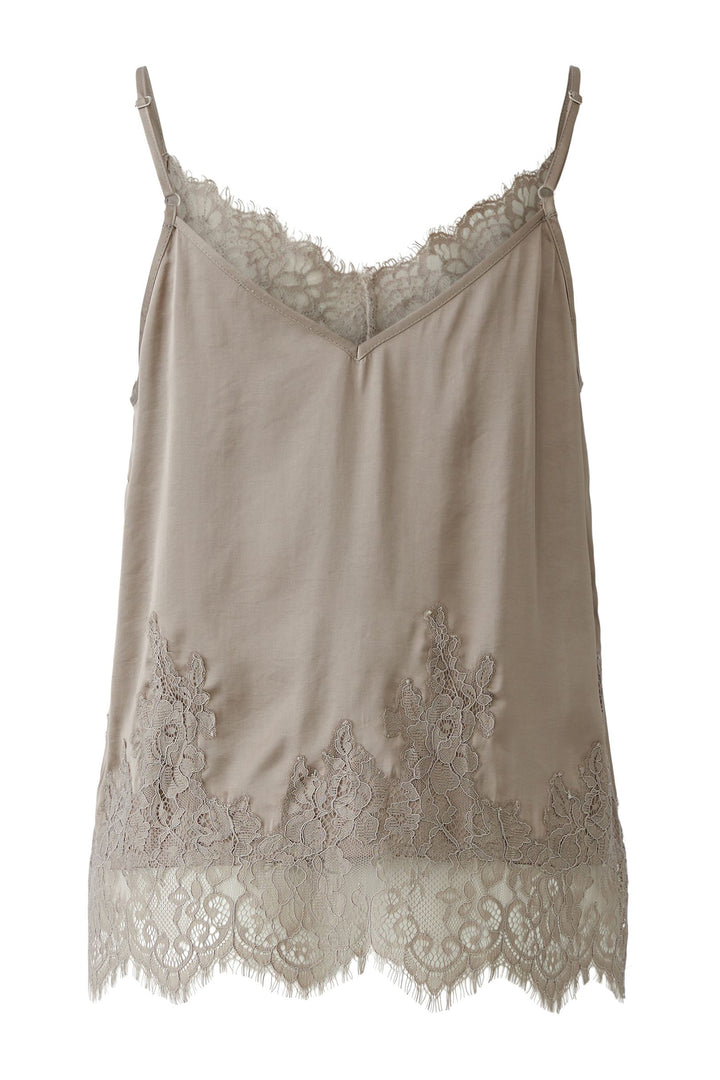 Beige camisole top with lace details on a white background