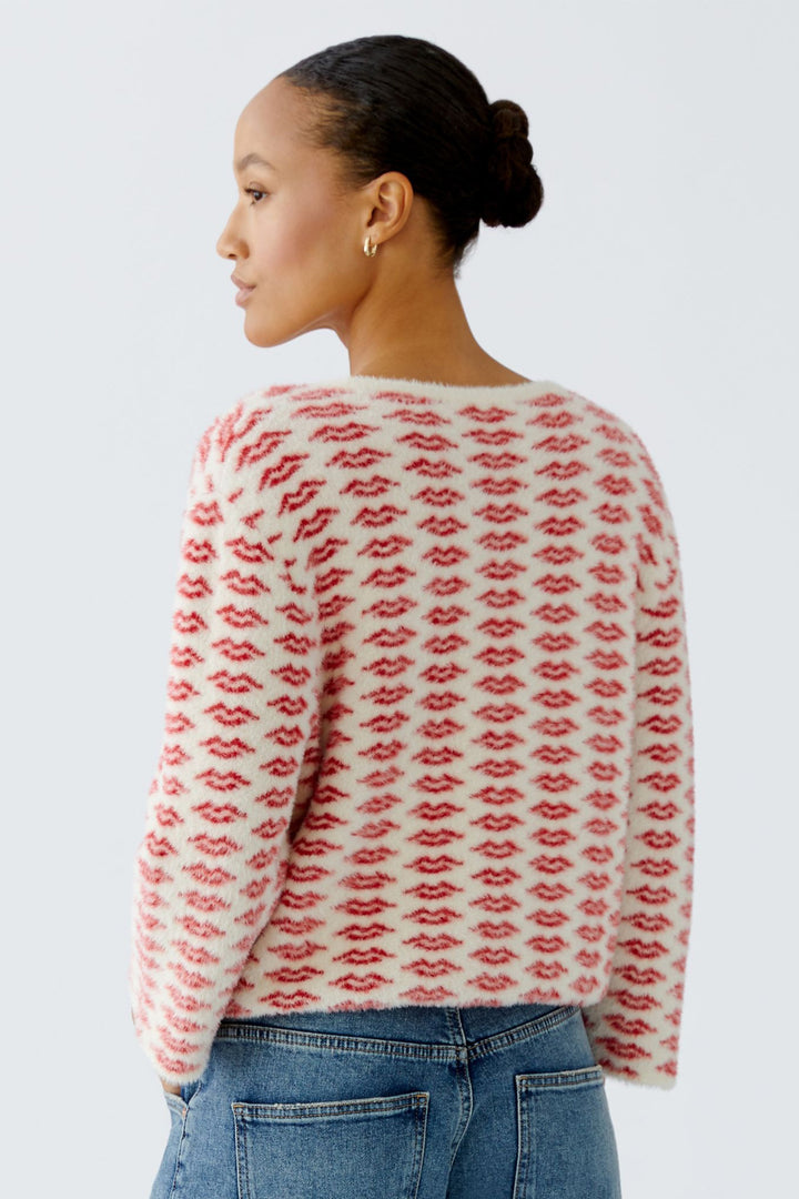 Oui 94626 White Red Lip Pattern Brushed Knit Jumper