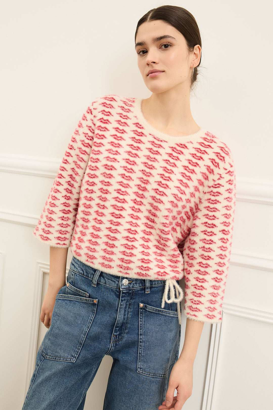 Oui 94626 White Red Lip Pattern Brushed Knit Jumper