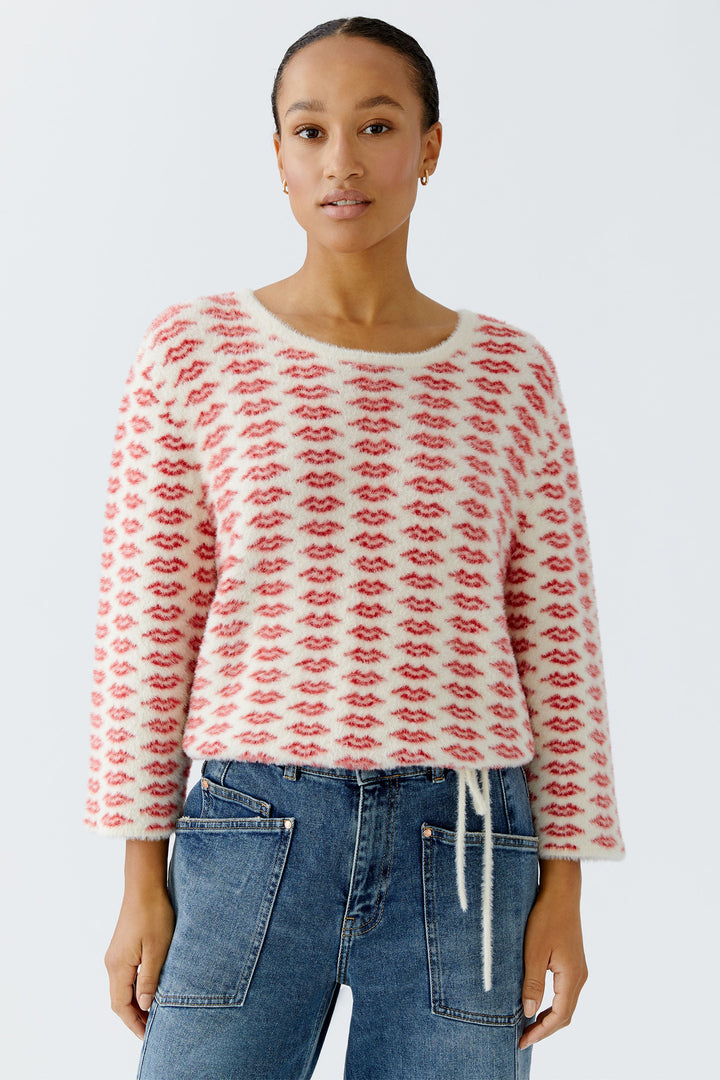Oui 94626 White Red Lip Pattern Brushed Knit Jumper