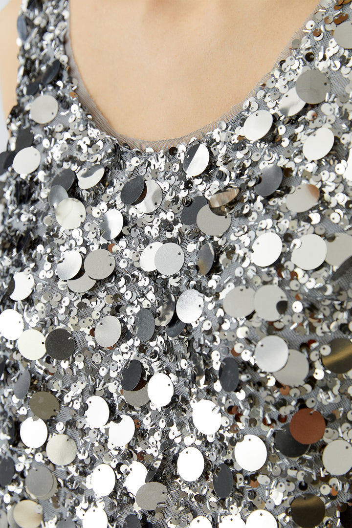 Close-up of a silver sequin fabric with a blurred background